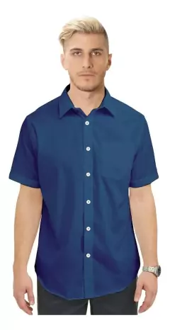 Camisa Manga Corta Lisa Hombre Con Bolsillo AZUL OSCURO