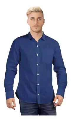 Camisa Manga Larga Lisa Hombre Con Bolsillo AZUL OSCURO