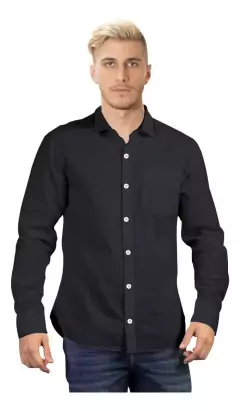 Camisa Manga Larga Lisa Hombre Con Bolsillo - NEGRA