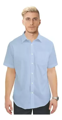 Camisa Manga Corta Lisa Hombre Con Bolsillo CELESTE