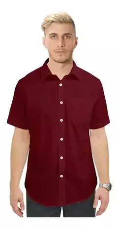 Camisa Manga Corta Lisa Hombre Con Bolsillo BORDO