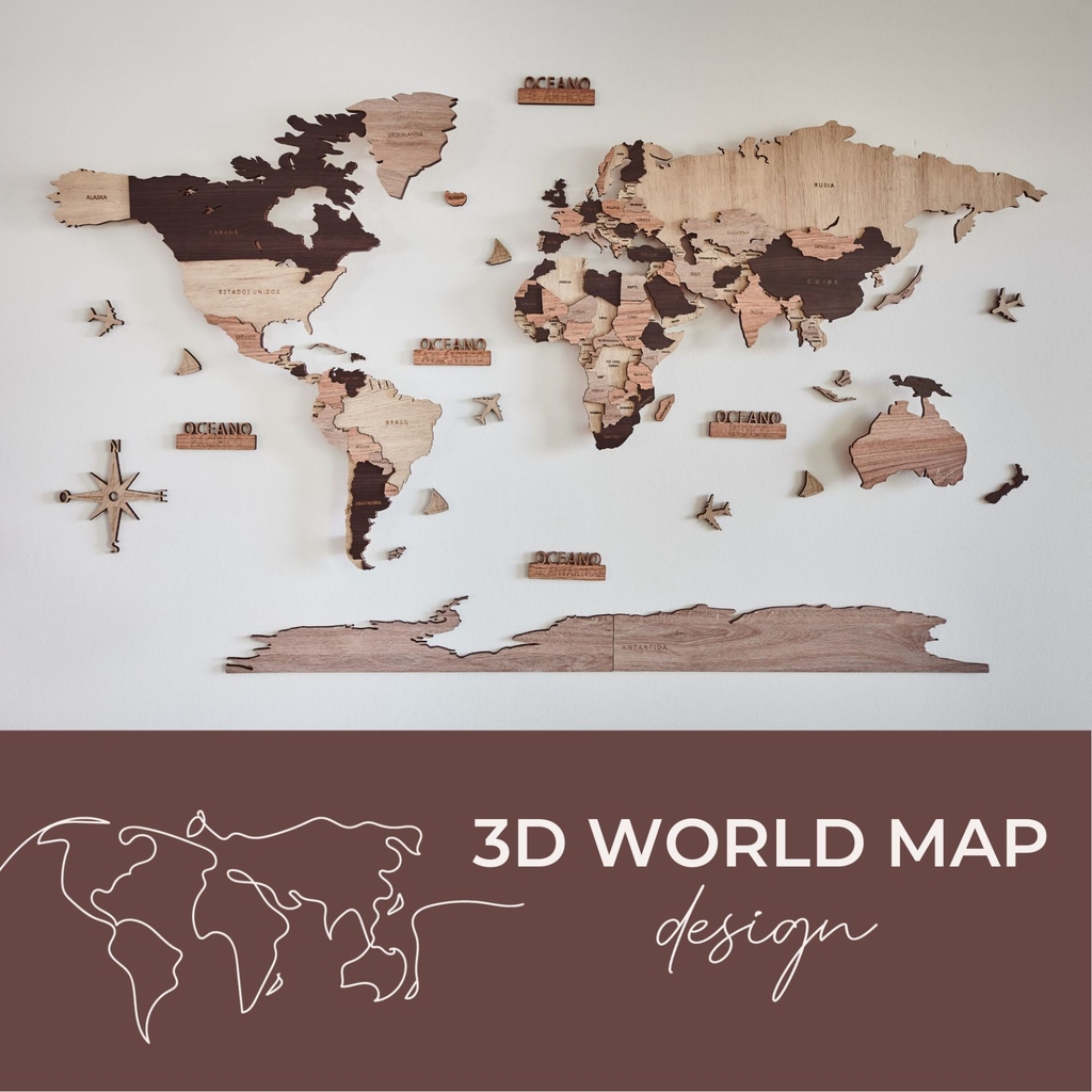  Mapa del mundo de madera 3D - Decoración de pared 3D
