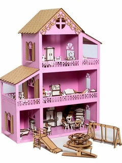 Casinha De Boneca Grande 60cm De Madeira + Kit Mini Moveis 36 pçs