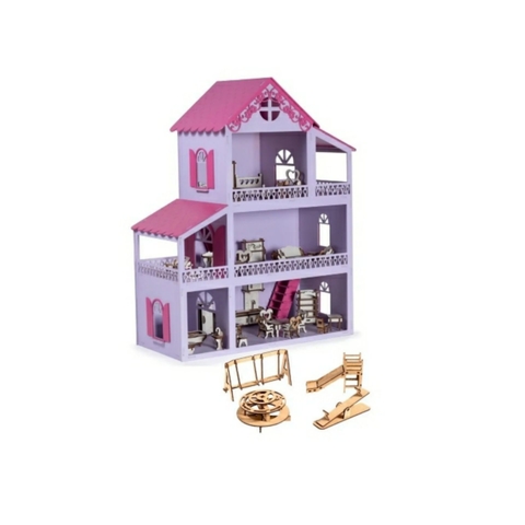 Casa Casinha de Boneca Rosa Branco Mdf + Mini Móveis Montados em