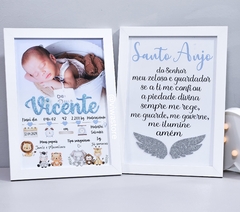 KIT COM 2 QUADROS MEU NASCIMENTO COM FOTO + ORAÇÃO SANTO ANJO