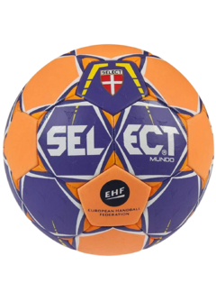 Pelota de handball Select Mundo con diseño naranja y morado, con logotipo de la Federación Europea de Balonmano.