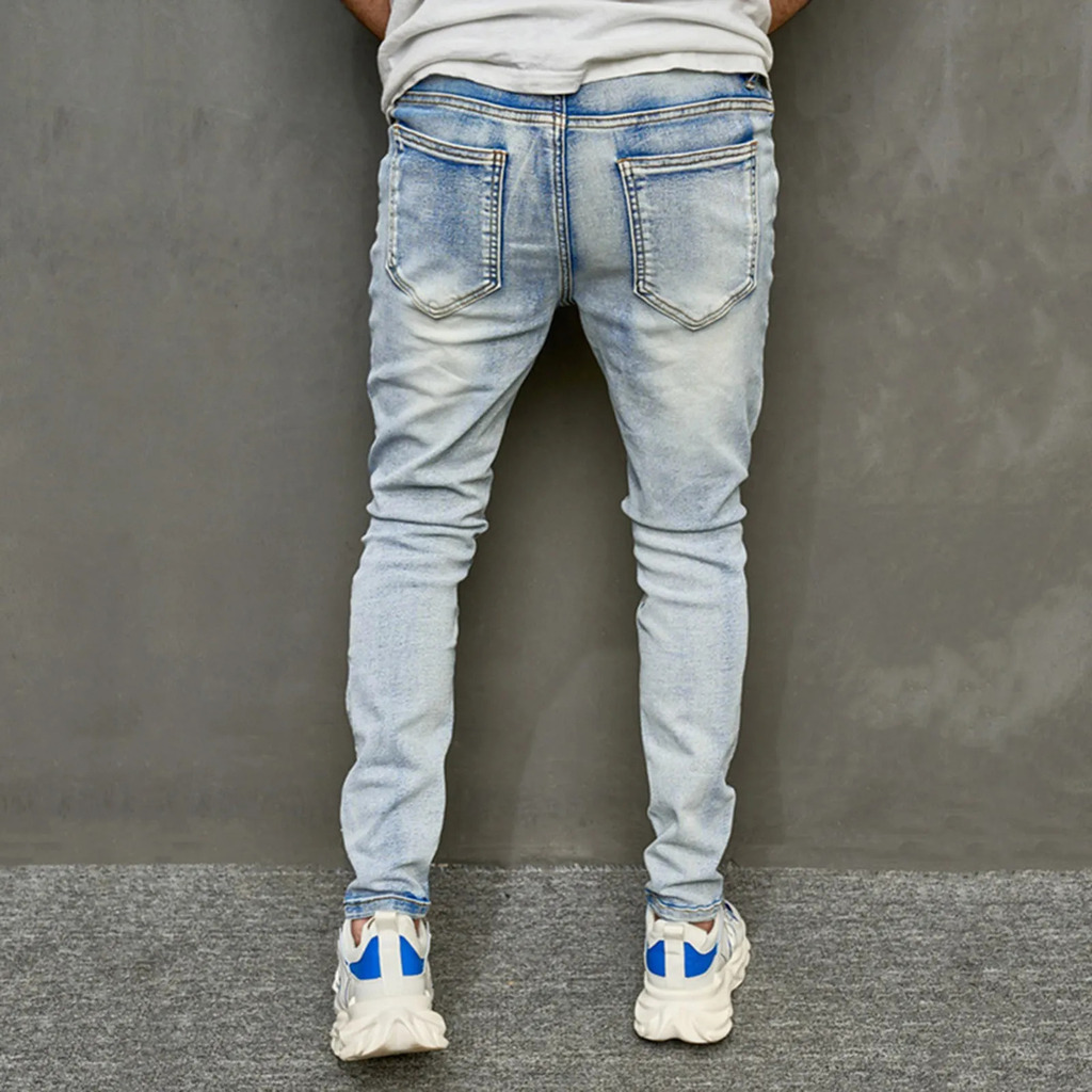 Calça Jeans Masculina Slim Fit Reta Rasgados cintura Baixa Azul