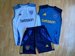 CONJUNTO BOCA JUNIORS ENTRENAMIENTO MUSCULOSA Y SHORT BERMUCA CON CIERRE AZUL Y BLANCO 2024 2025