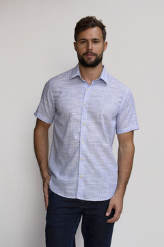 Camisa Dimarsi Slim Fit MC Listrada Azul com Branco 9977 - comprar online