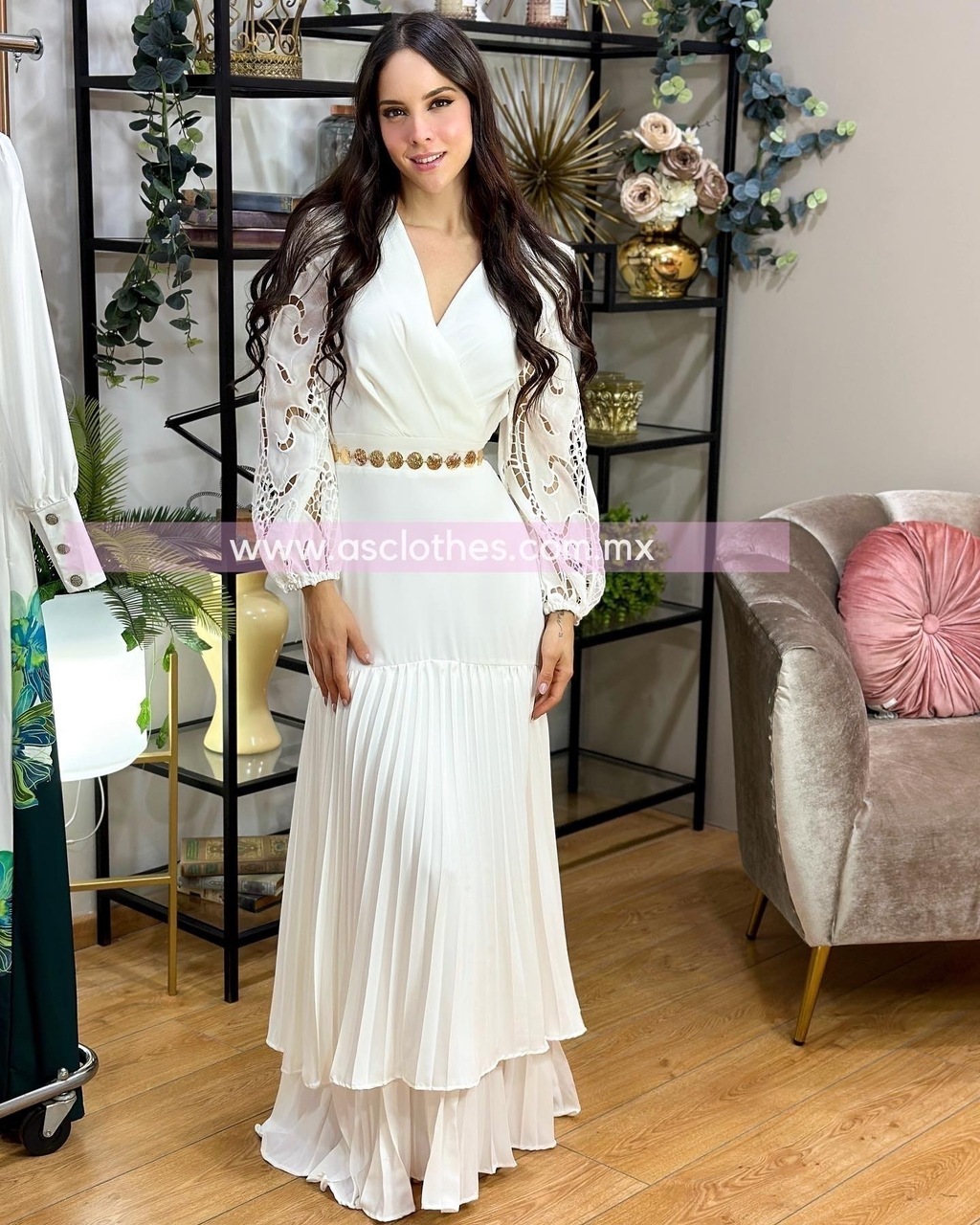Maxi Dress Blanco Con Encaje Mangas Y Tablones Cd33575 CH