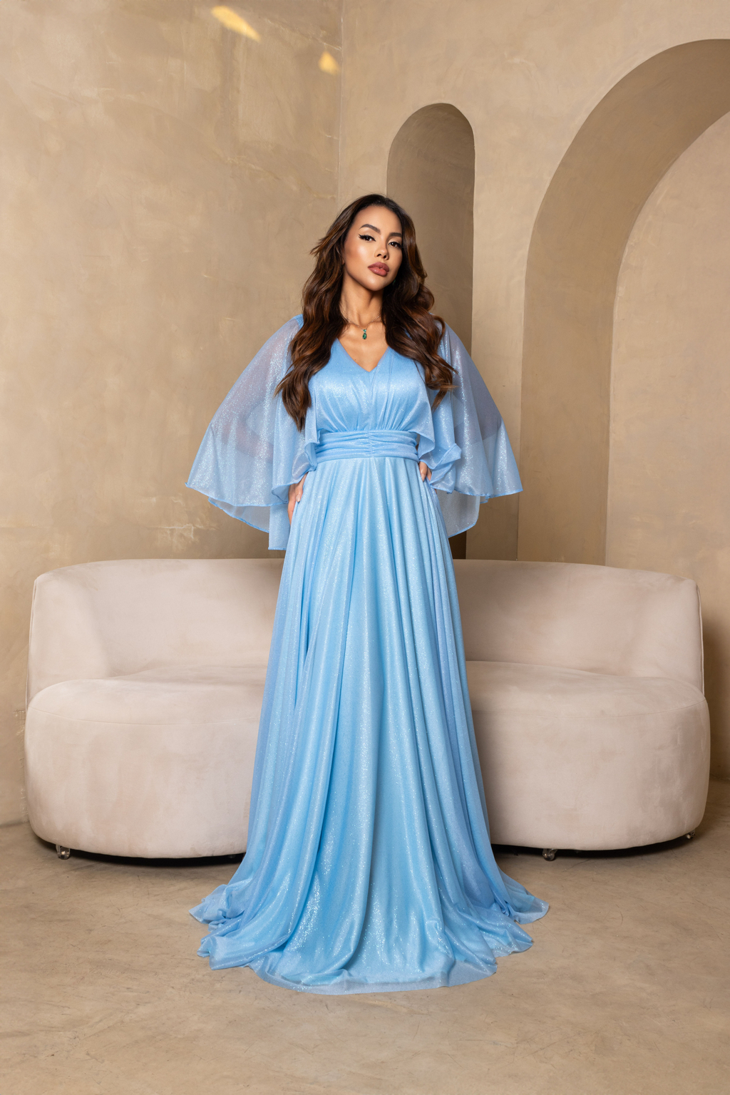 Dress Clarice Tulle Glitter Blue Serenity Sleeve Cap Long Party
