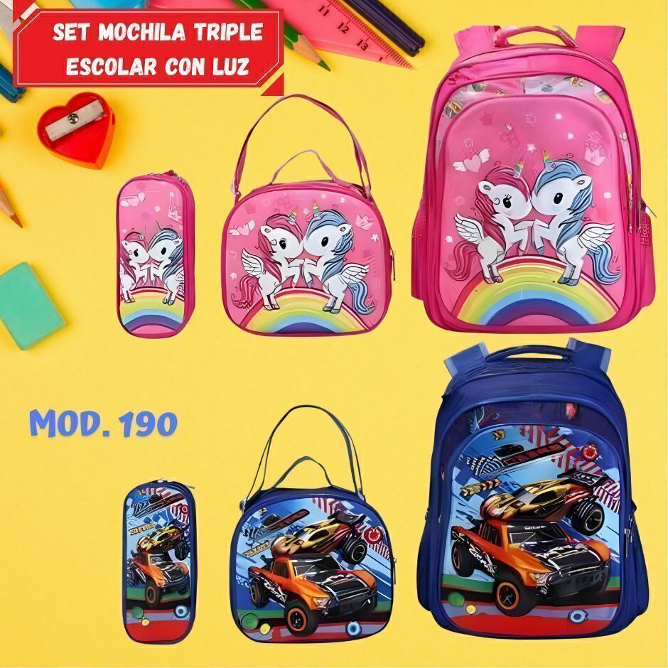 Set mochila PREMIUM triple escolar con luz combo mochila lonchera lapicera Mod. 190