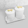 Kit Bandeja Porta Algodão E Cotonete Porcelana Laço Dourado