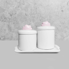 Kit Bandeja Porta Algodão E Cotonete Porcelana Nuvem Rosa