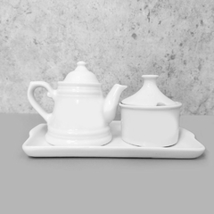 Conjunto bule de café provençal com açucareiro e bandeja porcelana