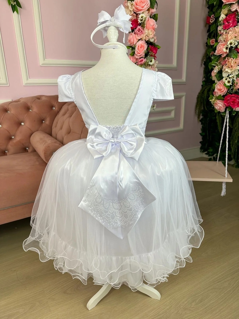 Vestido Daminha Branco Luxo Manga Casamento Menina