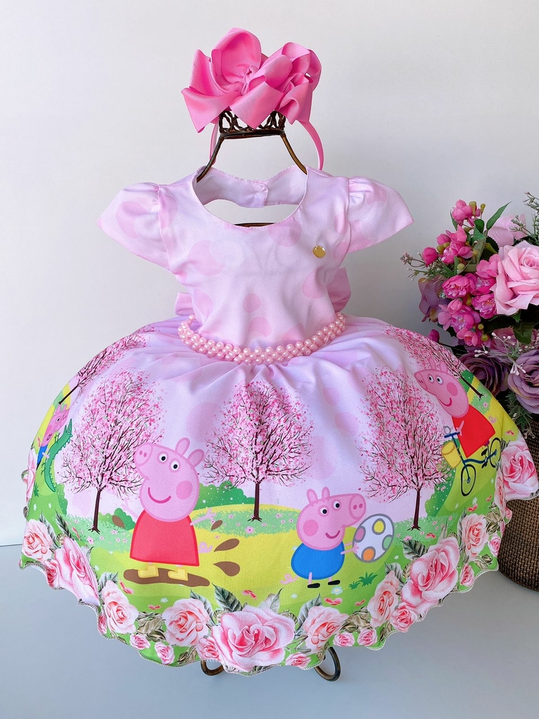 Vestido Menina Infantil Festa Peppa Pig Rosa Luxo