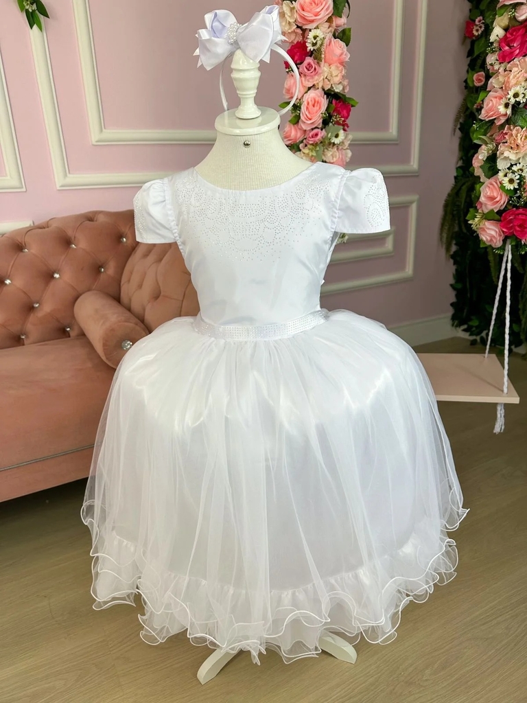 Vestido Daminha Branco Luxo Manga Casamento Menina