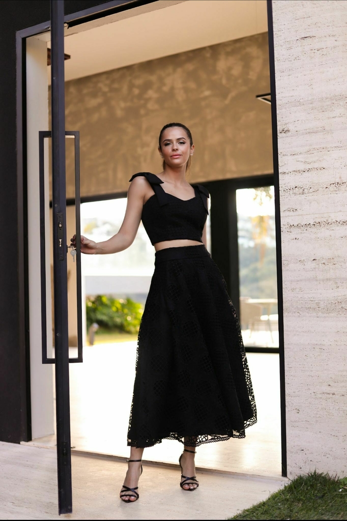 Conjunto Gr cia em Lese Cropped e Saia Feminino