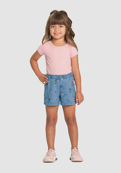 SHORTS JEANS COM BORDADO FLORES - MENINA Ref.20609