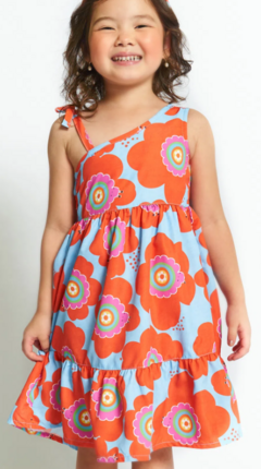 Vestido Infantil Estampa Gira Gira Florzinha – Azul e Laranja