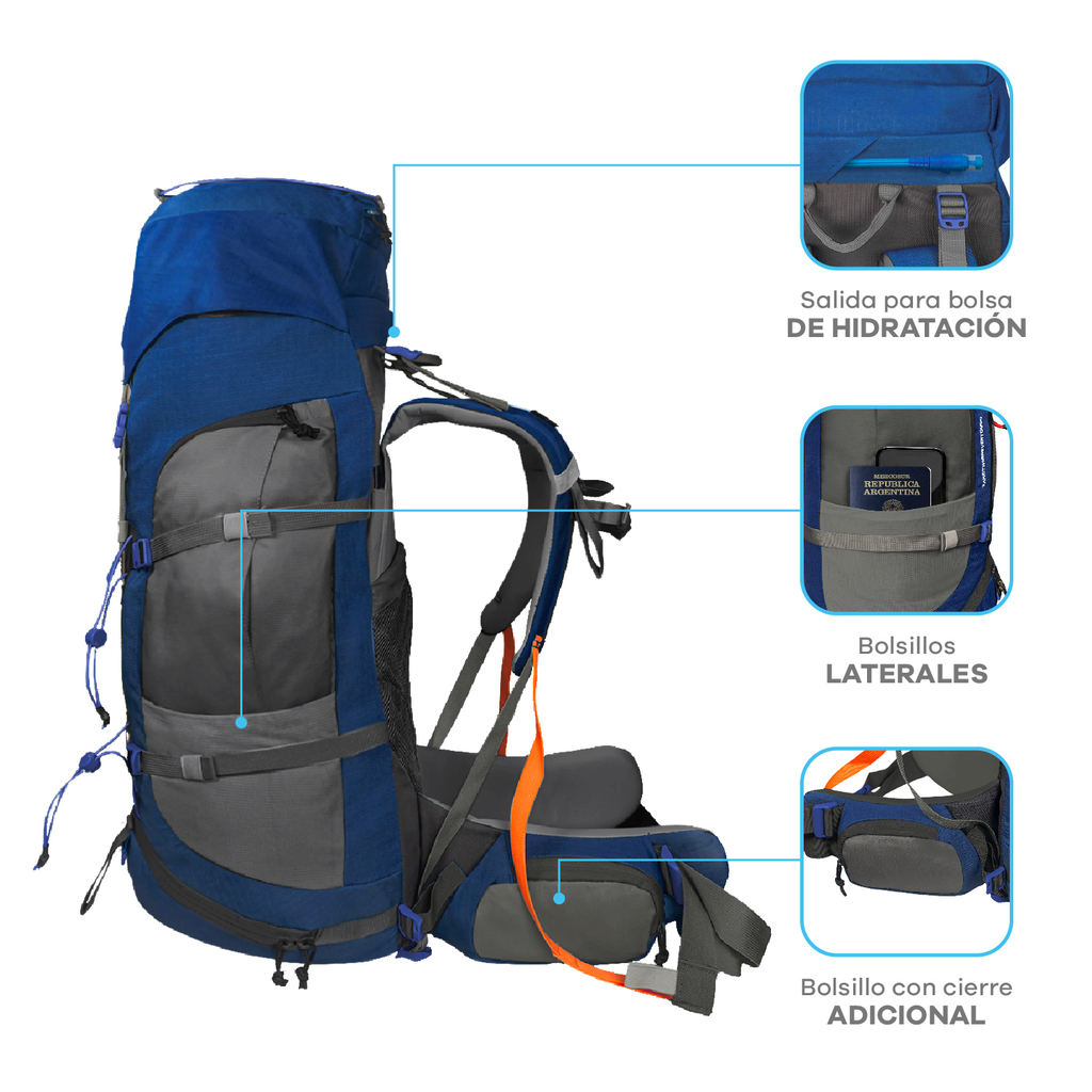 Mochila De Viaje T go Active Journey Trekking Camping 65 5 Litros con varillas Color Azul Xs502
