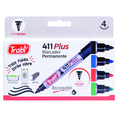 MARCADORES 411 PLUS PERMANENTE X 4 RECARGABLES