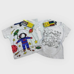 Camiseta Infantil Colorir + Canetinhas Menina e Menino