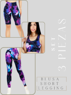 CONJUNTO DEPORTIVO DE MUJER DE 3 PIEZAS SHORT LEGGING Y TOP DE ESTAMPADOS - comprar en línea