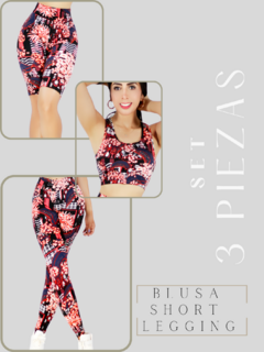 Imagen de CONJUNTO DEPORTIVO DE MUJER DE 3 PIEZAS SHORT LEGGING Y TOP DE ESTAMPADOS