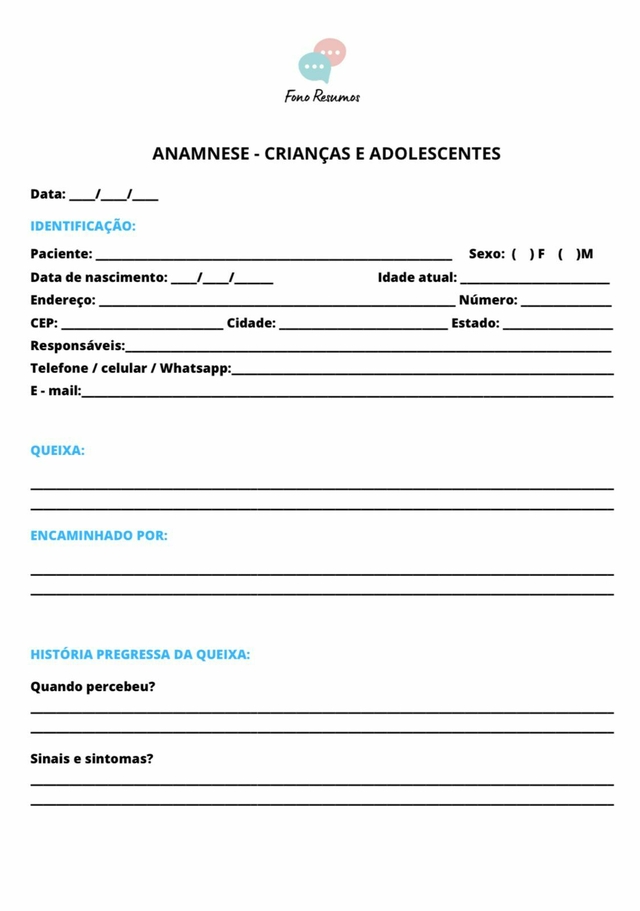 Anamnese infantil comprar em fono resumos