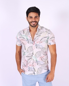 Camisa Manga Curta - Viscose com Estampa de Folhas coloridas - loja online