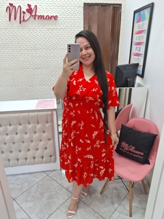 Pré Venda- Vestido Midi com Lastex Floral Vermelho Melissa - Mi Amore - Mi Amore Moda Evangélica