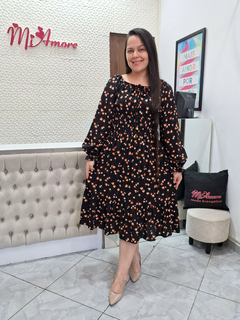 Pré Venda - Vestido Midi com Lastex Preto Floral Ingrid Manga Longa - Mi Amore