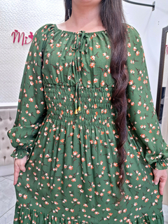 Pré Venda - Vestido Midi com Lastex Verde Floral Ingrid Manga Longa - Mi Amore - comprar online