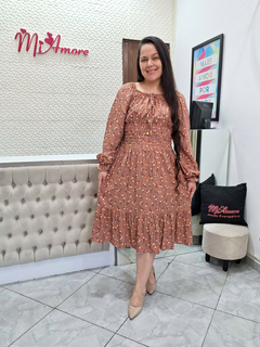 Pré Venda - Vestido Midi com Lastex Capuccino Floral Ingrid Manga Longa - Mi Amore