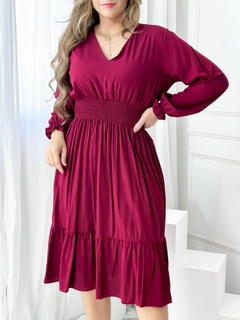 Pré Venda - Vestido Midi com Lastex Marsala Melissa Manga Longa - Mi Amore