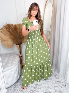 Pré Venda - Vestido Longo com Lastex Verde Abacate Maxi Poá Luciana - Mi Amore