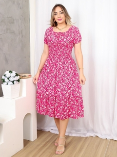 Pré Venda - Vestido Midi com Lastex Pink Floral Ingrid - Mi Amore