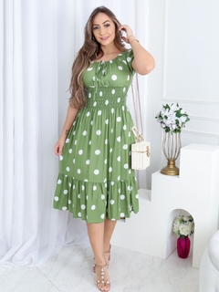 Pré Venda - Vestido Midi com Lastex Verde Abacate Maxi Poá Ingrid - Mi Amore