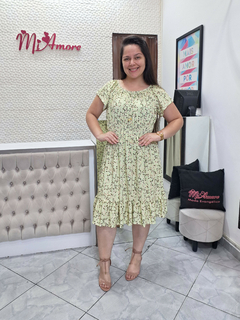 Vestido Midi com Lastex Floral Verde Cecília - Mi Amore