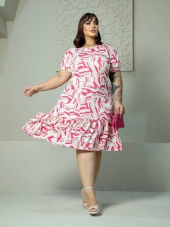 Vestido Plus Size Trapézio Geométrico Pink Leonora - Mi Amore