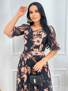 Pré Venda - Vestido Midi Tule Preto Floral Glaucia - Mi Amore na internet