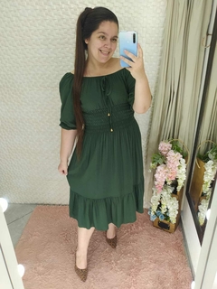 Pré Venda - Vestido Midi com Lastex Verde Militar Ingrid 3/4 - Mi Amore