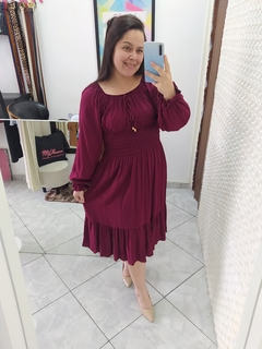 Pré Venda - Vestido Midi com Lastex Marsala Ingrid Manga Longa - Mi Amore