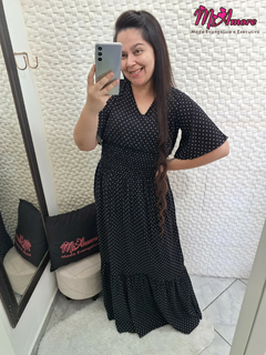 Pré Venda - Vestido Longo com Lastex Mini Poá Preto Débora - Mi Amore