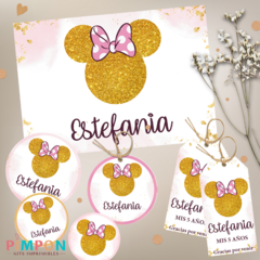 Kit imprimible personalizado - minnie mouse glitter dorado y rosa