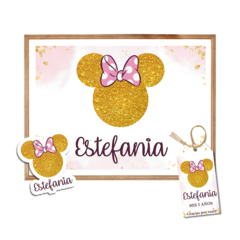 Kit imprimible textos editables - minnie mouse glitter dorado y rosa