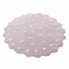 tapete infantil redondo polka dots rosa com bolinhas brancas e cru