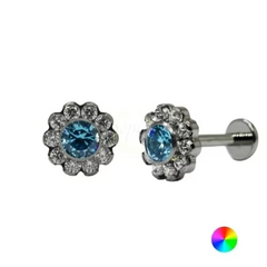 Labret Titânio R/Interna Flor C/ Zirconia MOD3 Azul